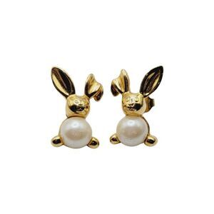 Avon Vintage Gold Tone Easter Bunny Rabbit‎ Real Pearl Belly Pierced Earrings